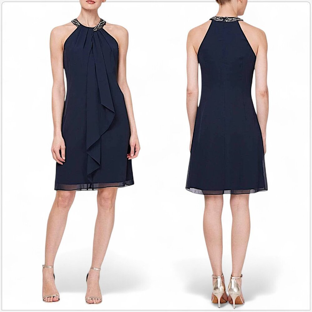 SLNY SL Fashions Navy Beaded Chiffon Halter Neck Evening Party Dress NWT New 12